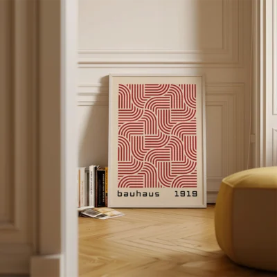 Playful Mid Century modern wall decor featuring clean red and cream geometry