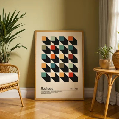Geometric wall decor with colorful Bauhaus blocks, fits any modern space