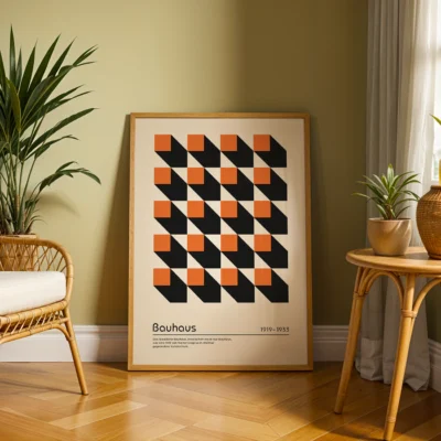 Geometric abstract wall art Cubic Perspective with orange cubes and shadows