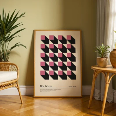 Geometric abstract wall art Cubic Perspective with pink and black cubes