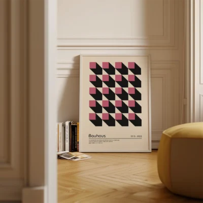 Modern geometric abstract wall art with pink blocks, fits many interiors