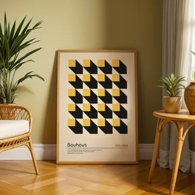 Abstract living room wall art Cubic Perspective with yellow cubes and black shadows