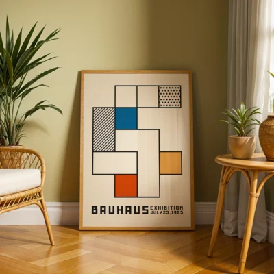 Minimalist wall decor with blue, red, and gold blocks on cream paper