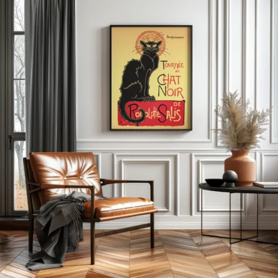 A vintage poster of Le Chat Noir featuring a black cat with a red halo, displayed in a stylish interior.