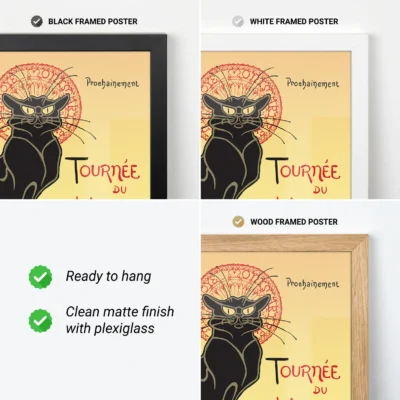 Vibrant framed poster of a black cat with glasses on a yellow background, available in black, white, and wood frames.