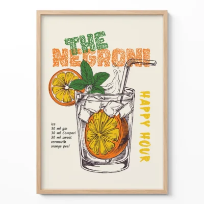 Illustration of a Negroni cocktail with recipe details in a wooden frame