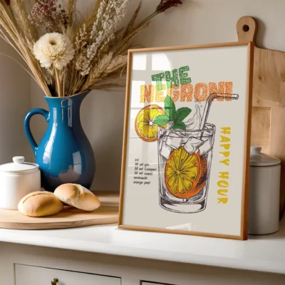 A decorative poster of a Negroni cocktail with ingredients and a happy hour theme, set in a warm kitchen.