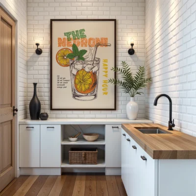 A modern kitchen corner with a 'The Negroni Happy Hour' poster on the wall, a wooden countertop, and kitchen cabinets.