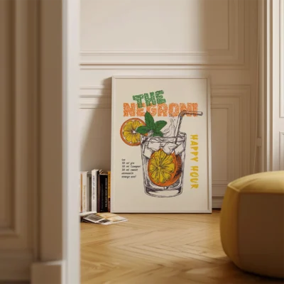 Artistic poster of a Negroni cocktail with 'THE NEGRONI' and 'HAPPY HOUR' text, set in a stylish interior decoration.