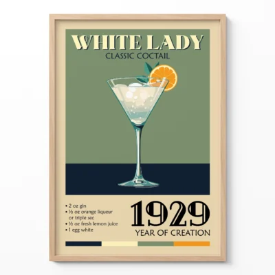 Illustration of a White Lady cocktail in a glass, featuring an orange garnish and ingredients listed
