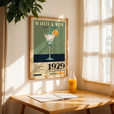 Vintage poster of White Lady cocktail showcasing the drink in a glass with garnishment and 1929 creation year.