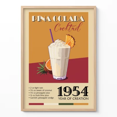 Vintage poster of a Pina Colada cocktail with ingredients and year of creation 1954