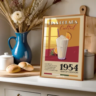 Vintage poster of Pina Colada cocktail with recipe details