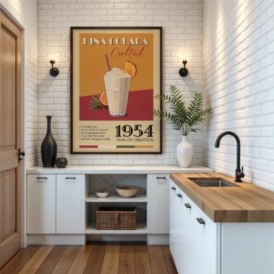 Vintage Pina Colada cocktail poster framed on a white brick wall in a kitchen setting