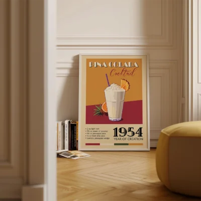 Vintage poster of a Pina Colada cocktail featuring the drink in a glass with garnishes, surrounded by informative text about the ingredients and year of creation.