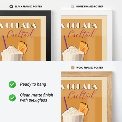 Collage of Pina Colada cocktail posters in black, white, and wood frames with features listed