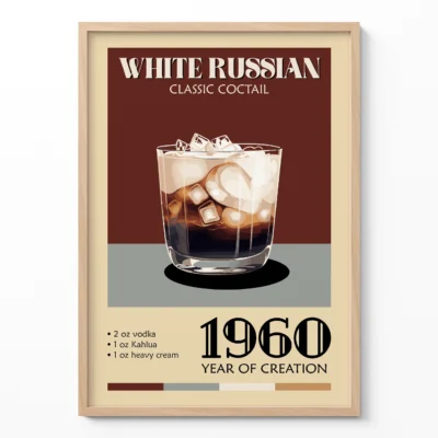 Vintage poster of a White Russian cocktail with ice in a glass, featuring the year 1960 and ingredients listed.