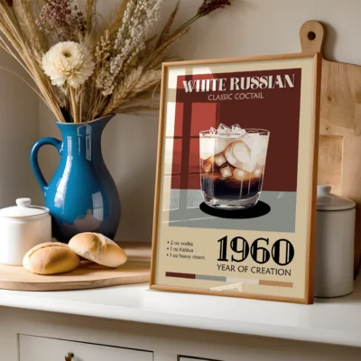 A vintage poster of a White Russian cocktail displaying ingredients and the year of creation, 1960.