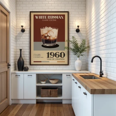 A modern kitchen interior showcasing a vintage poster of the White Russian cocktail with the year 1960 and its ingredients. The kitchen features a wooden countertop and white cabinets.