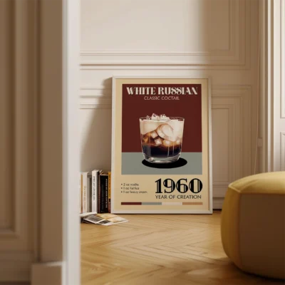A poster showcasing a White Russian cocktail with a modern design featuring its ingredients and year of creation.