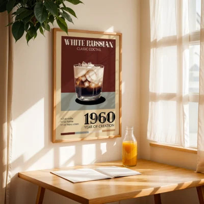 Vintage poster of a White Russian cocktail on a wooden table next to a glass of juice and an open book.