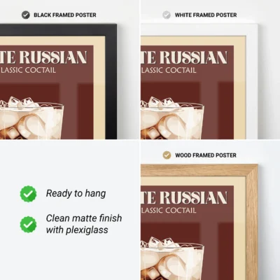 Various framed posters of a White Russian cocktail in black, white, and wood frames