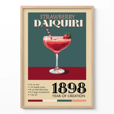 Vintage poster of a Strawberry Daiquiri cocktail with ingredients listed below