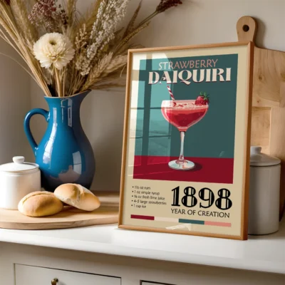 An artistic poster of a Strawberry Daiquiri cocktail featuring the recipe and the year of creation 1898.