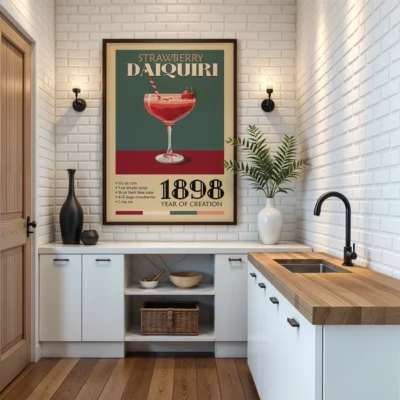 A vintage poster of a Strawberry Daiquiri cocktail with the year 1898 displayed.