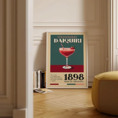 A vintage poster of a strawberry daiquiri cocktail, with text details about its ingredients and creation year.
