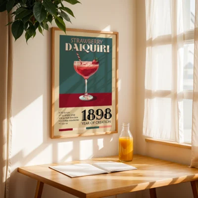 Vintage poster of a Strawberry Daiquiri cocktail, framed and displayed in a sunlit room.