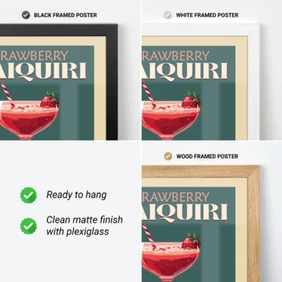 Three framed posters of a strawberry daiquiri in black, white, and wood frames with key features listed.