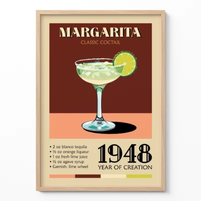 Vintage Margarita cocktail poster featuring a recipe and the year 1948