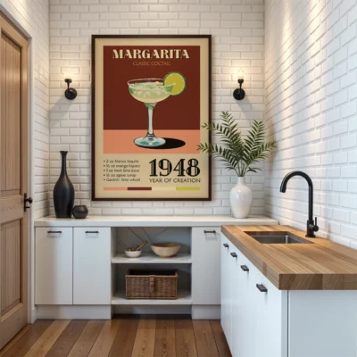 A vintage poster of a Margarita cocktail on the wall of a kitchen, with a modern sink and wooden countertop.
