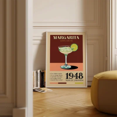 Vintage poster depicting a Margarita cocktail with ingredients listed and the year of creation as 1948.