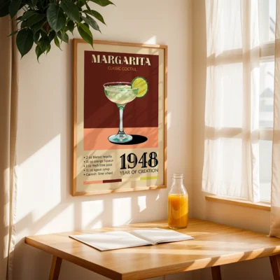 A vintage poster of a Margarita cocktail featuring a glass with a lime garnish and the year 1948 prominently displayed.