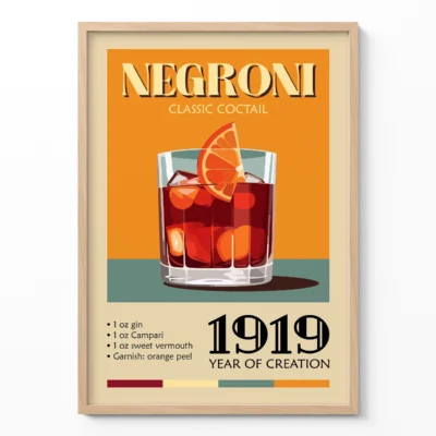 Vintage poster of a Negroni cocktail with ingredients listed