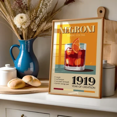 Poster of a Negroni cocktail recipe featuring a glass with the drink, garnished with an orange slice, and the ingredients listed.