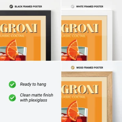Display of various framed Negroni cocktail posters in black, white, and wood frames