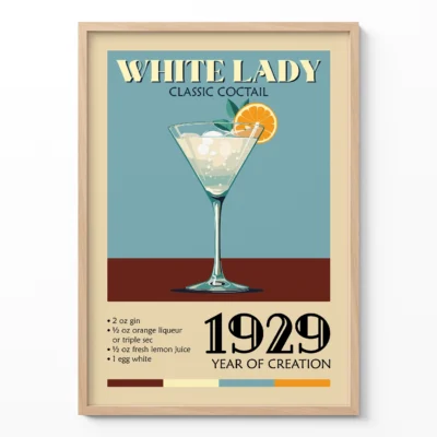 Vintage poster of the White Lady cocktail featuring the drink in a glass with garnishes and recipe ingredients