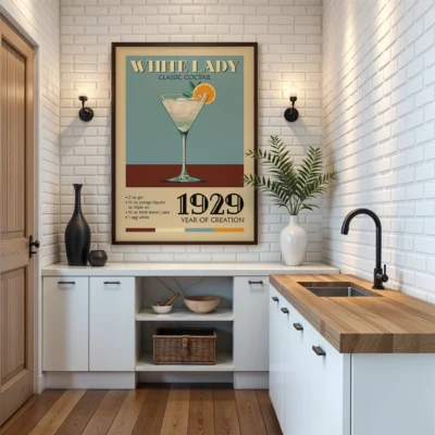 A vintage poster of the White Lady cocktail displayed in a modern kitchen, with a martini glass and orange garnish, and the year 1929.