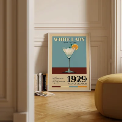 Vintage poster of the White Lady cocktail featuring a glass filled with a light-colored drink garnished with an orange slice, along with text describing the cocktail.