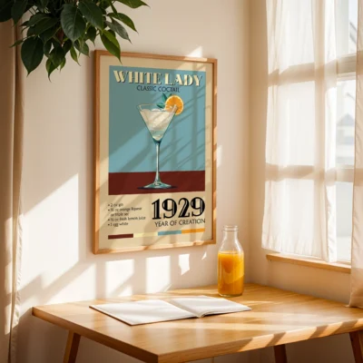 Vintage poster of the White Lady cocktail in a sunlit room, showcasing the drink and its ingredients.
