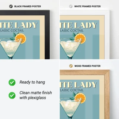 Three framed posters of the White Lady Classic Cocktail in black, white, and wood frames, with details about their features.