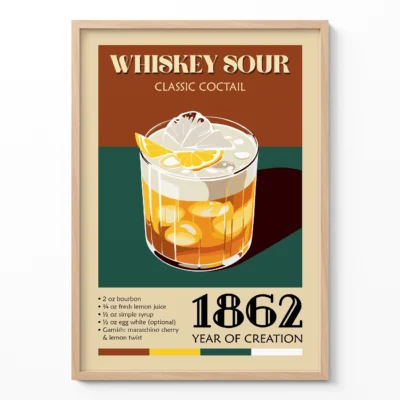 Vintage poster for Whiskey Sour cocktail with ingredients and year of creation