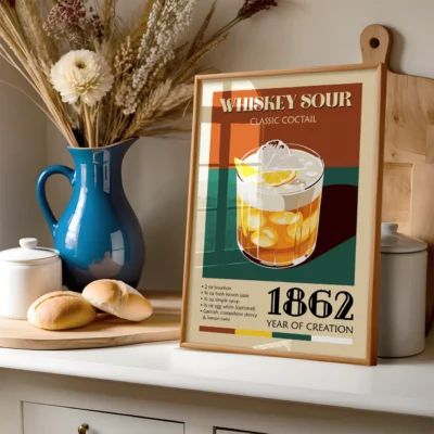 Vintage poster depicting a Whiskey Sour cocktail with ingredients and year of creation, 1862.