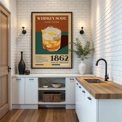 Whiskey Sour cocktail poster displayed in a modern kitchen with white cabinetry and wooden accents.