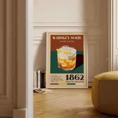 A colorful poster of a Whiskey Sour cocktail, with details of its ingredients and the year 1862 printed on it, situated in a cozy interior environment.