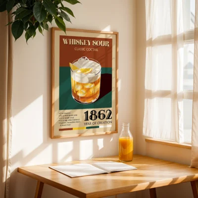 Vintage poster of a Whiskey Sour cocktail, featuring a short glass filled with the drink, garnished with an orange slice and cherry, set in a sunlit room.