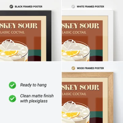 Whiskey Sour cocktail poster with three framed options: black, white, and wood.